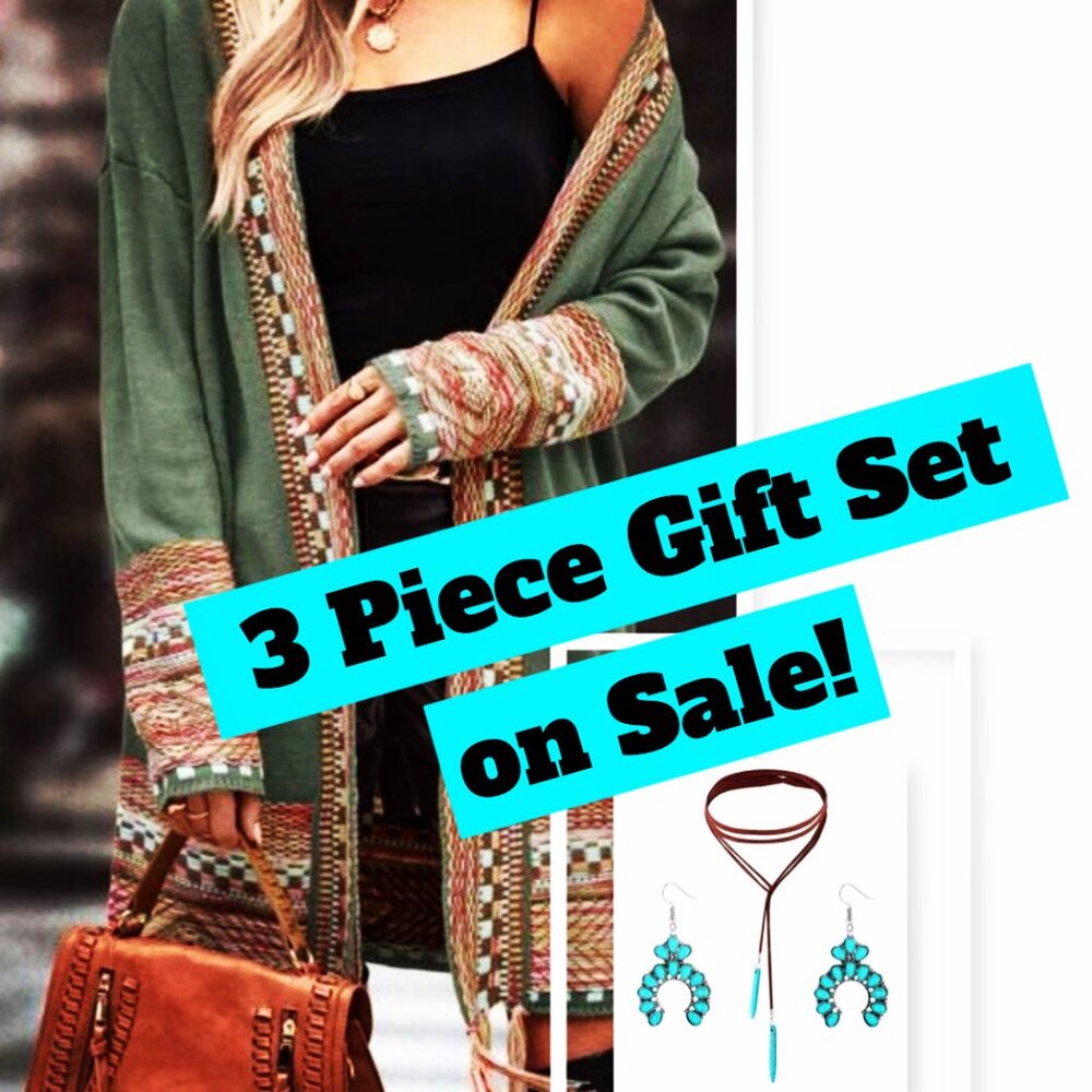 NEW Fringe Trim Tribal Duster + Bohemian Turquoise Earrings + Necklace L/XL